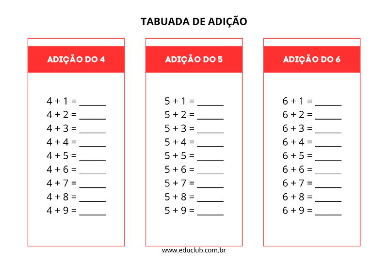 Tabuada de Adição para completar | Educlub